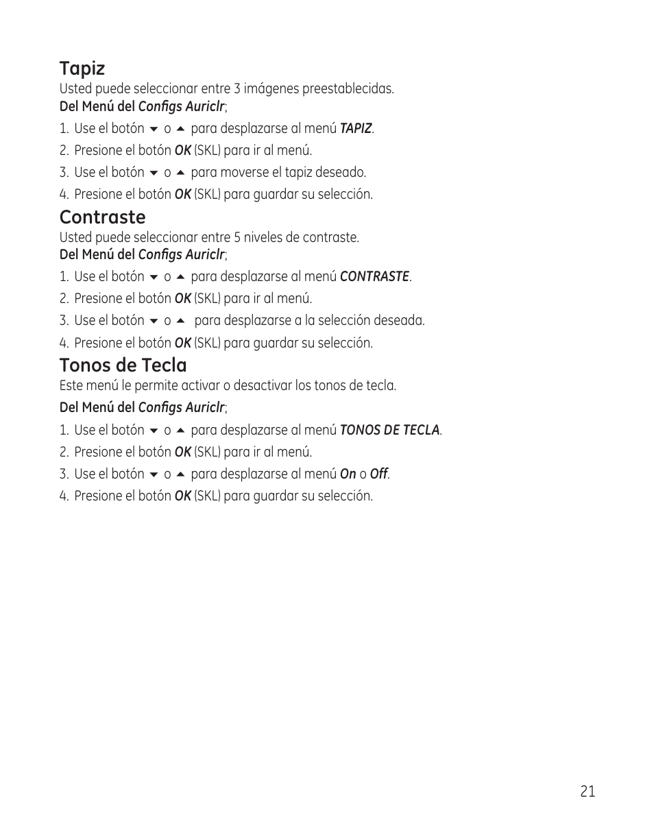 Tapiz, Contraste, Tonos de tecla | GE 28300 User Manual | Page 75 / 108