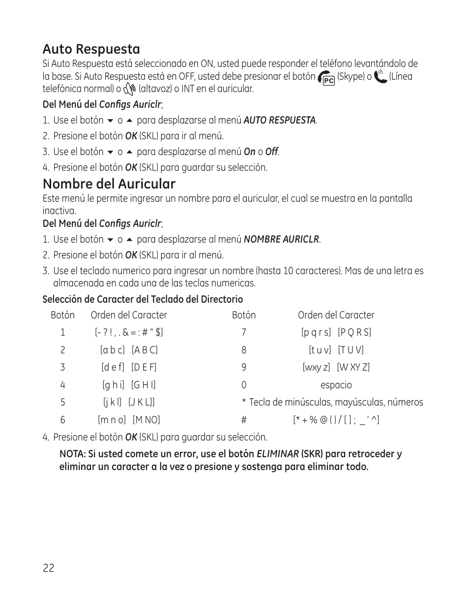 Auto respuesta, Nombre del auricular | GE 28300 User Manual | Page 76 / 108