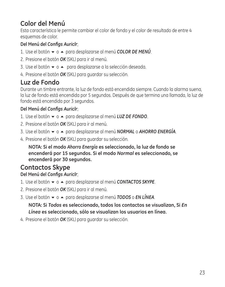 Color del menú, Luz de fondo, Contactos skype | GE 28300 User Manual | Page 77 / 108