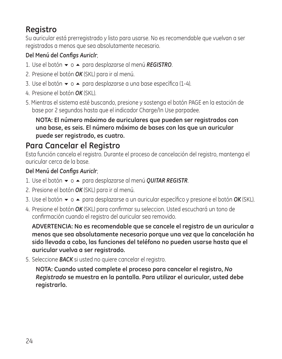 Registro, Para cancelar el registro | GE 28300 User Manual | Page 78 / 108