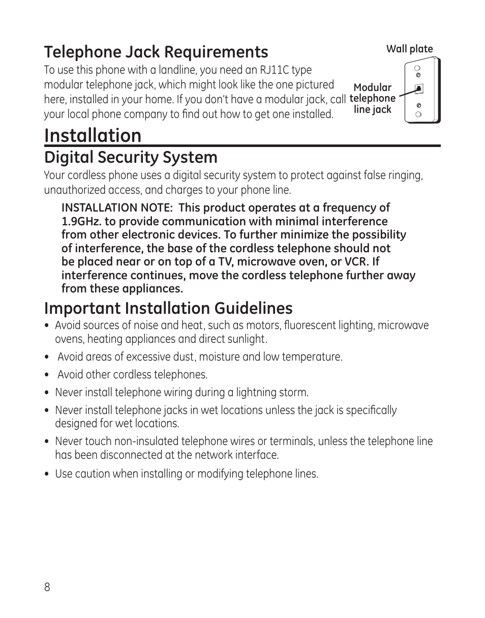 Installation, Telephone jack requirements, Digital security system | Important installation guidelines | GE 28300 User Manual | Page 8 / 108