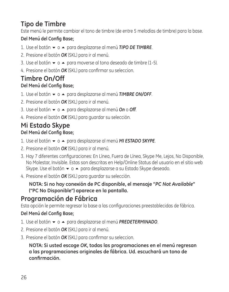 Tipo de timbre, Timbre on/off, Mi estado skype | Programación de fábrica | GE 28300 User Manual | Page 80 / 108