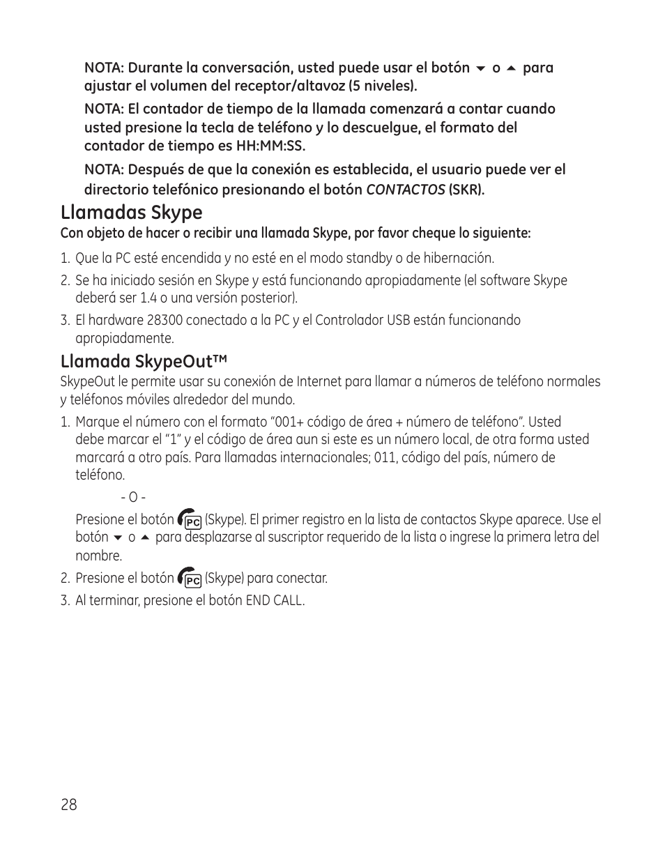 Llamadas skype, Llamada skypeout | GE 28300 User Manual | Page 82 / 108