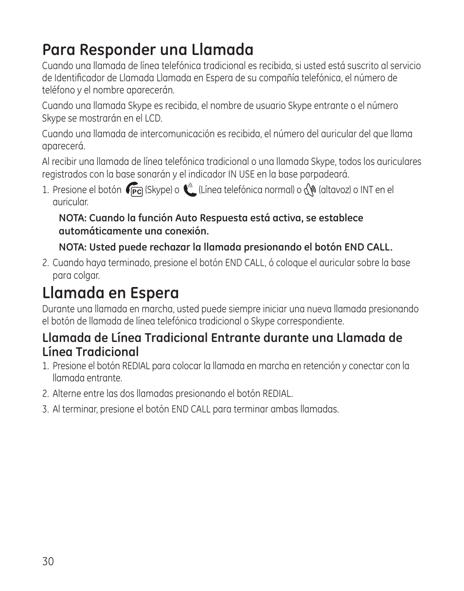 Para responder una llamada, Llamada en espera | GE 28300 User Manual | Page 84 / 108