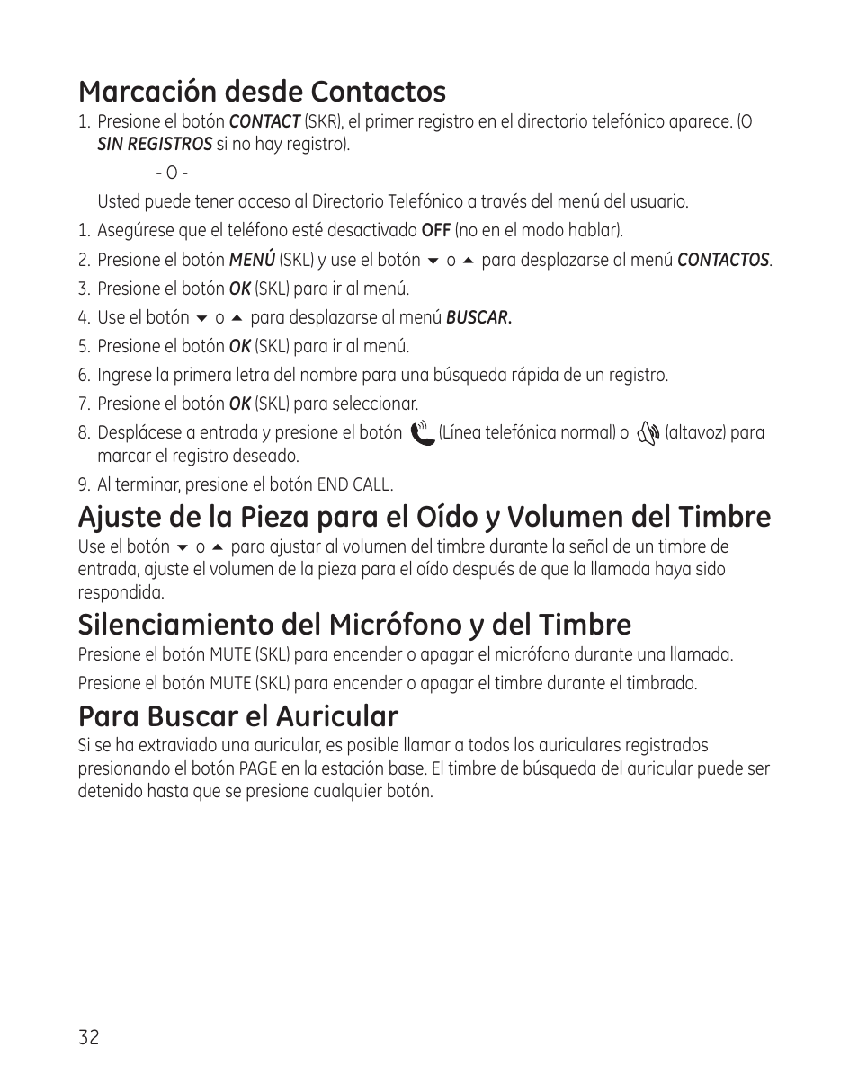 Marcación desde contactos, Silenciamiento del micrófono y del timbre, Para buscar el auricular | GE 28300 User Manual | Page 86 / 108