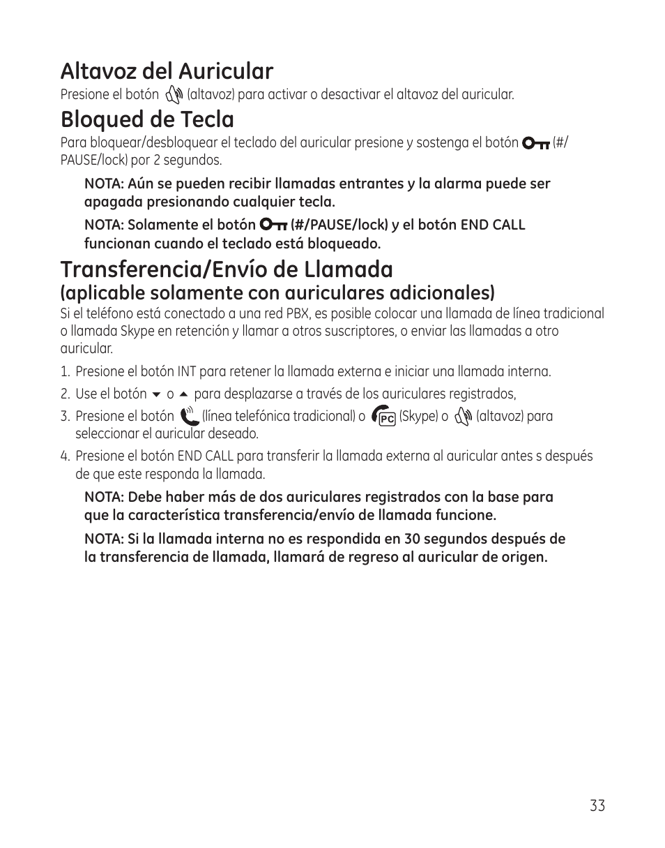 Altavoz del auricular, Bloqued de tecla, Transferencia/envío de llamada | Aplicable solamente con auriculares adicionales) | GE 28300 User Manual | Page 87 / 108