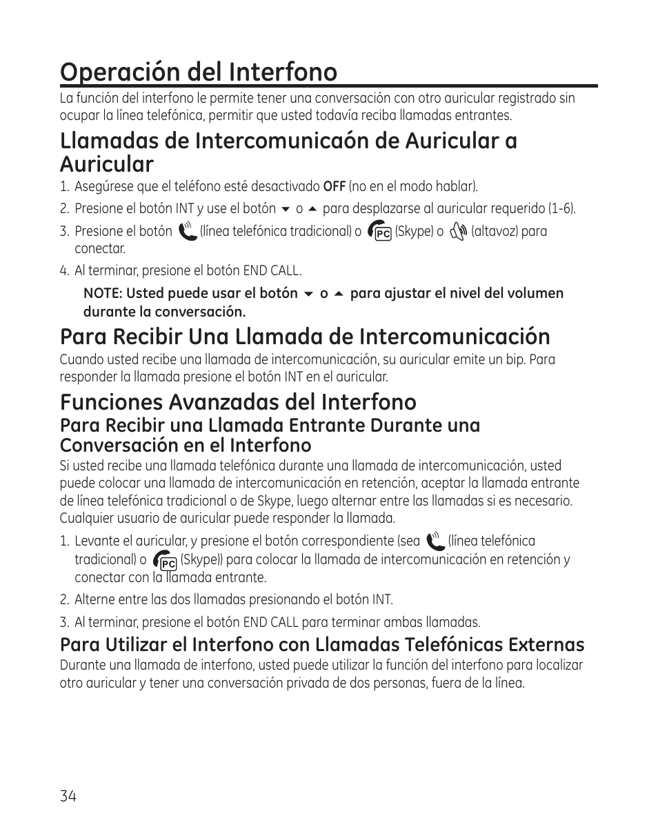 Operación del interfono, Para recibir una llamada de intercomunicación, Funciones avanzadas del interfono | GE 28300 User Manual | Page 88 / 108