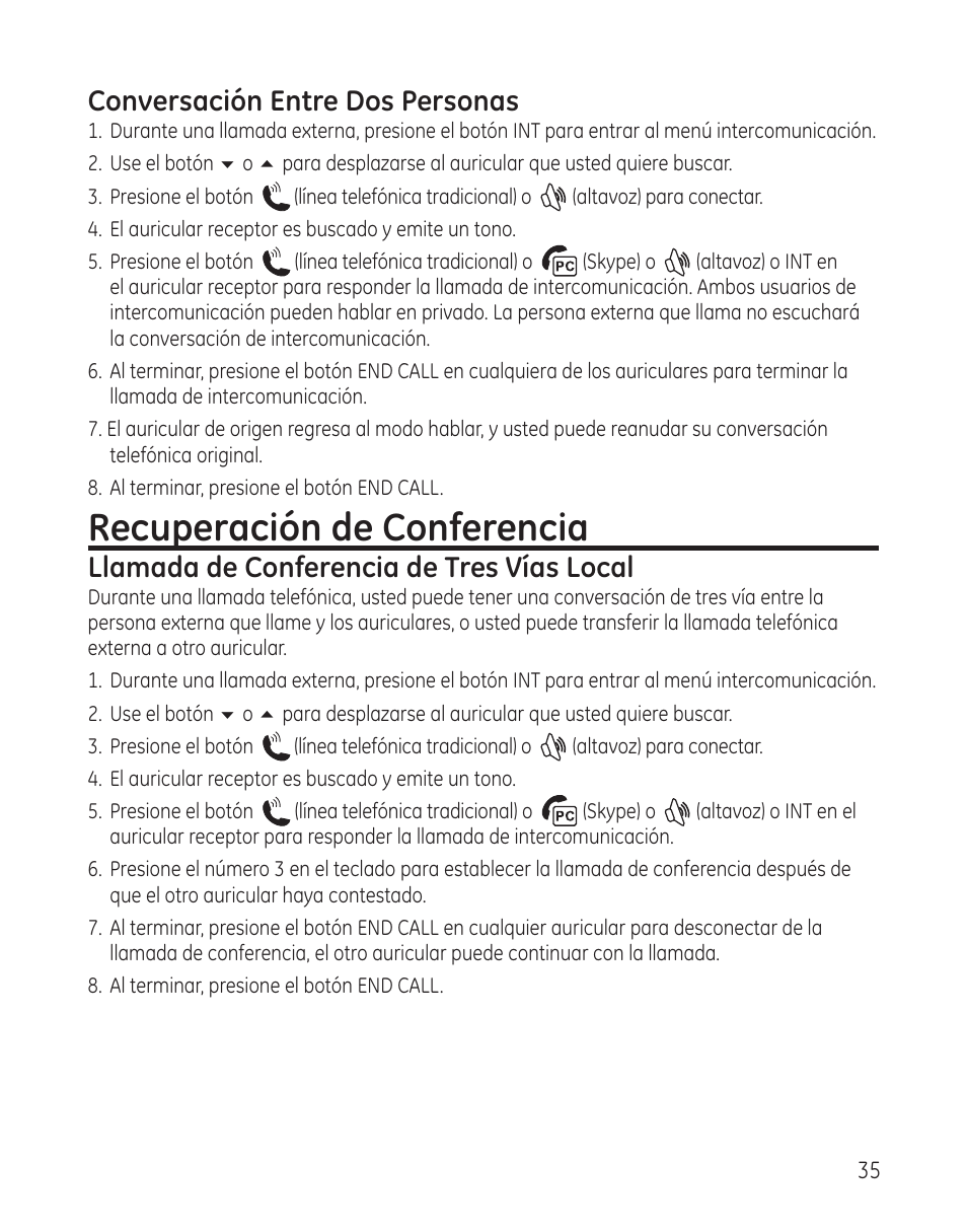 Recuperación de conferencia, Conversación entre dos personas, Llamada de conferencia de tres vías local | GE 28300 User Manual | Page 89 / 108