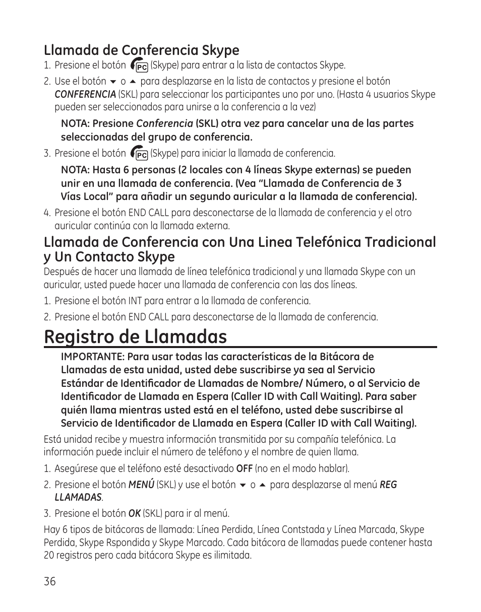 Registro de llamadas, Llamada de conferencia skype | GE 28300 User Manual | Page 90 / 108