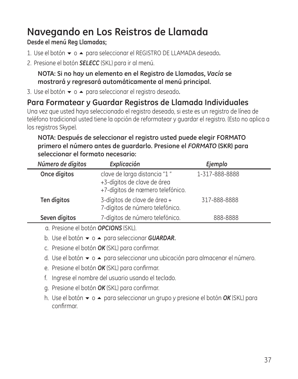 Navegando en los reistros de llamada | GE 28300 User Manual | Page 91 / 108