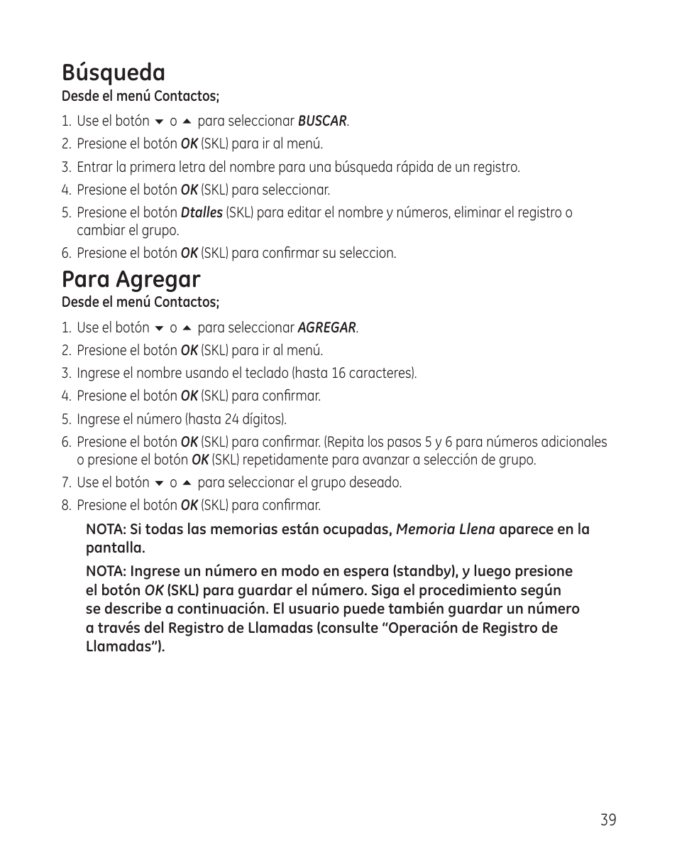 Búsqueda, Para agregar | GE 28300 User Manual | Page 93 / 108