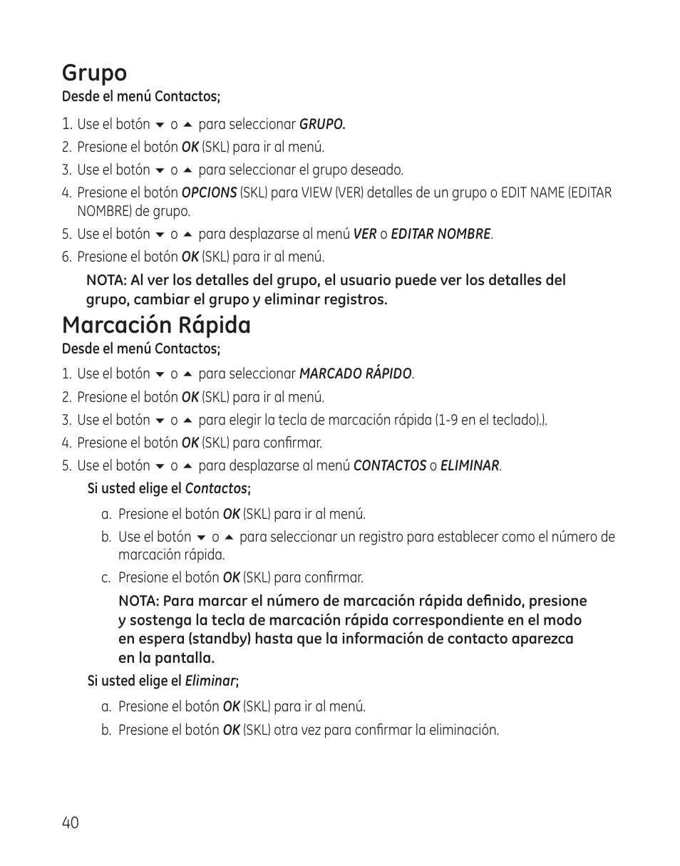 Grupo, Marcación rápida | GE 28300 User Manual | Page 94 / 108