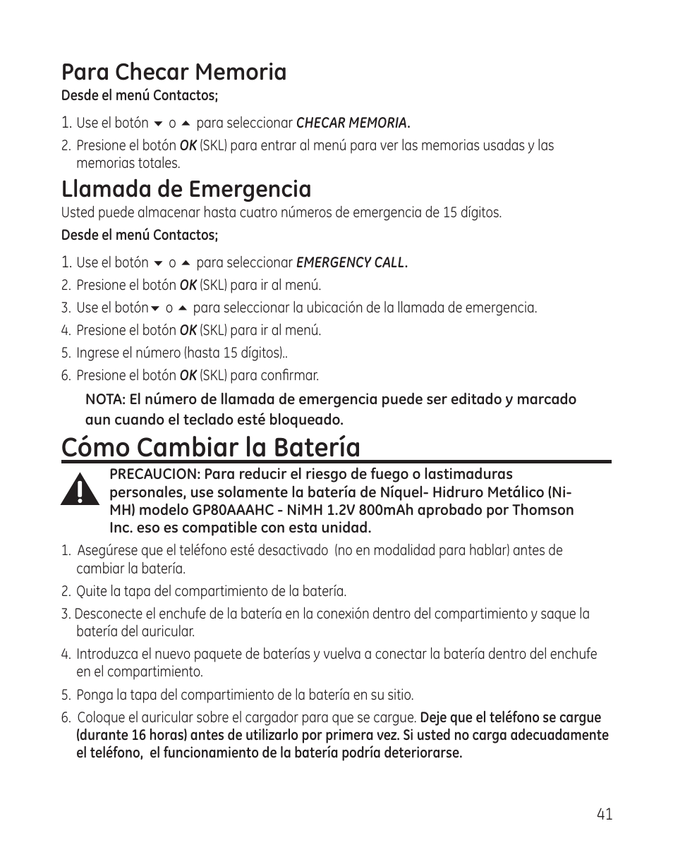 Cómo cambiar la batería, Llamada de emergencia | GE 28300 User Manual | Page 95 / 108