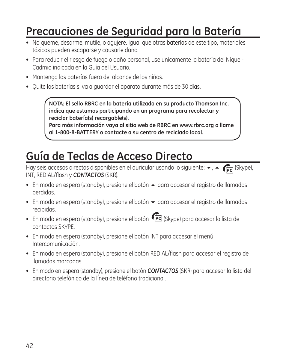 Precauciones de seguridad para la batería, Guía de teclas de acceso directo | GE 28300 User Manual | Page 96 / 108