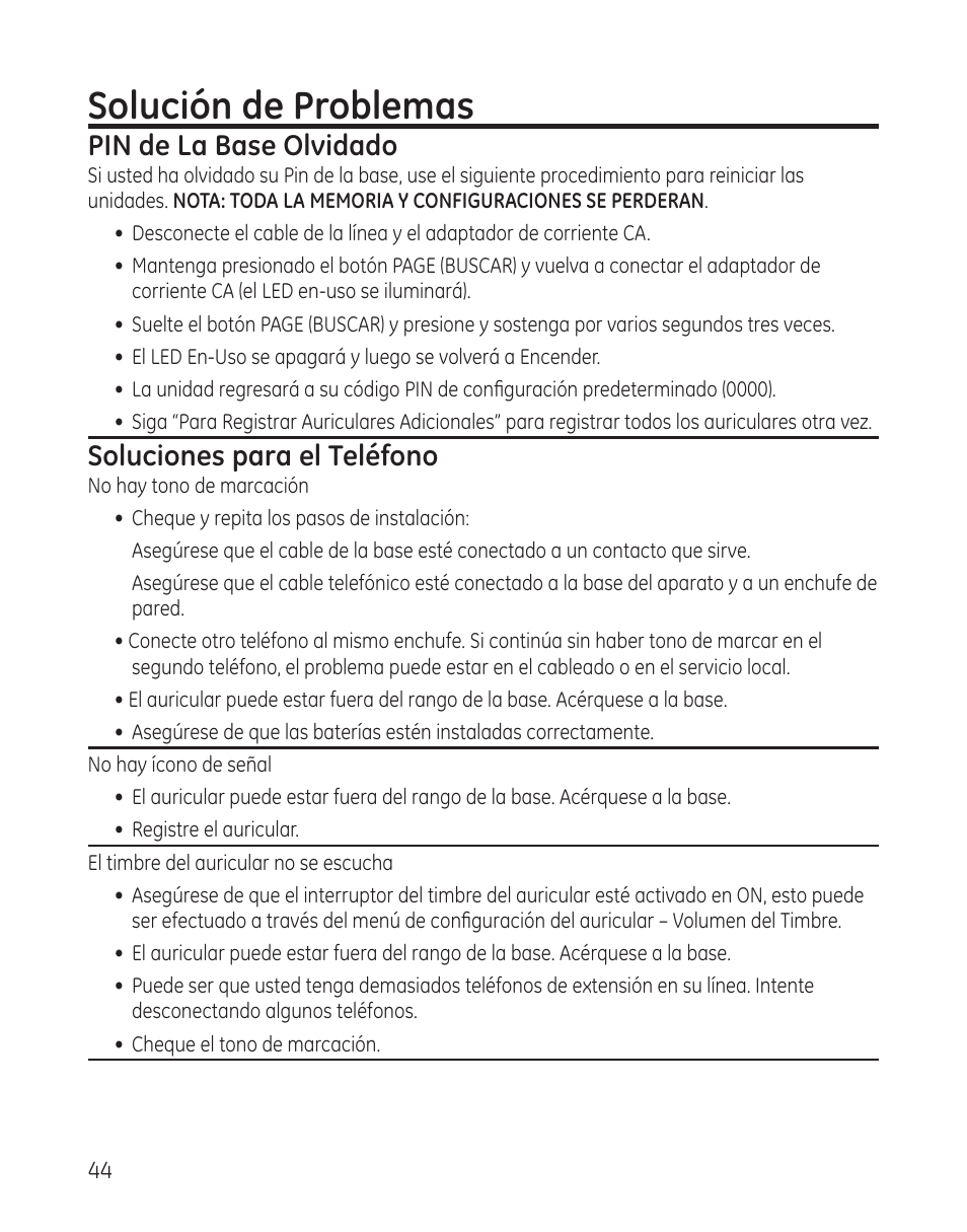 Solución de problemas, Pin de la base olvidado, Soluciones para el teléfono | GE 28300 User Manual | Page 98 / 108