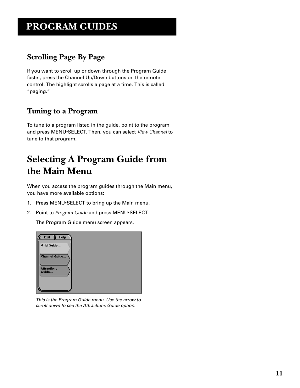 Tuning to a program, Selecting a program guide from the main menu, Program guides | Scrolling page by page | GE GRD33G3A User Manual | Page 13 / 68