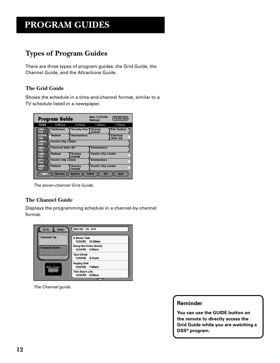 Types of program guides, Program guides | GE GRD33G3A User Manual | Page 14 / 68
