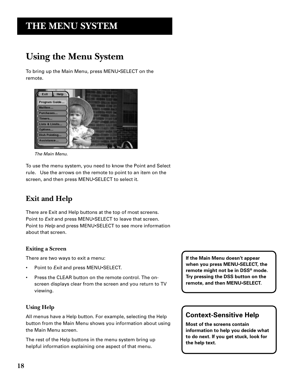 Using the menu system, Exiting a screen, Using help | The menu system, Exit and help, Context-sensitive help | GE GRD33G3A User Manual | Page 20 / 68