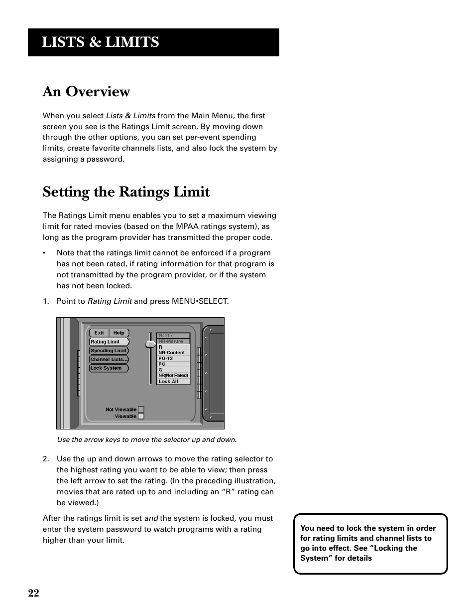 An overview, Setting the ratings limit, Lists & limits | GE GRD33G3A User Manual | Page 24 / 68