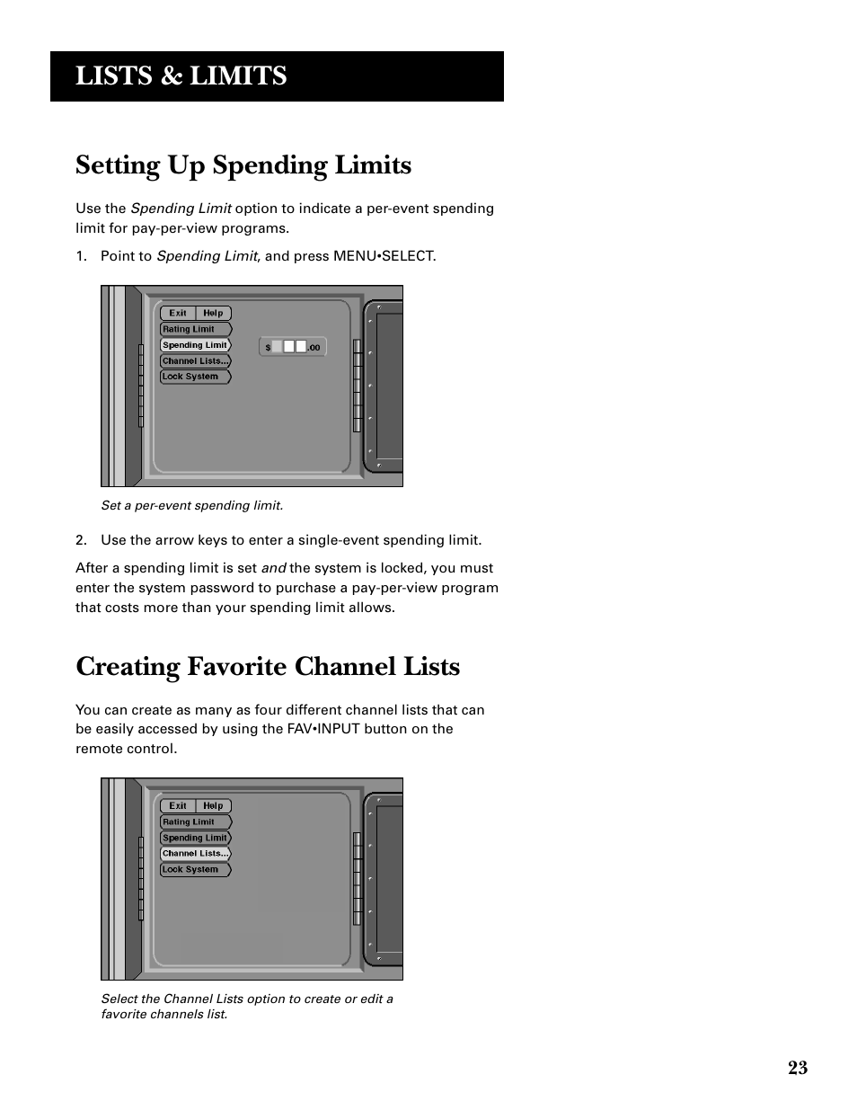 Setting up spending limits, Creating favorite channel lists, Lists & limits | GE GRD33G3A User Manual | Page 25 / 68