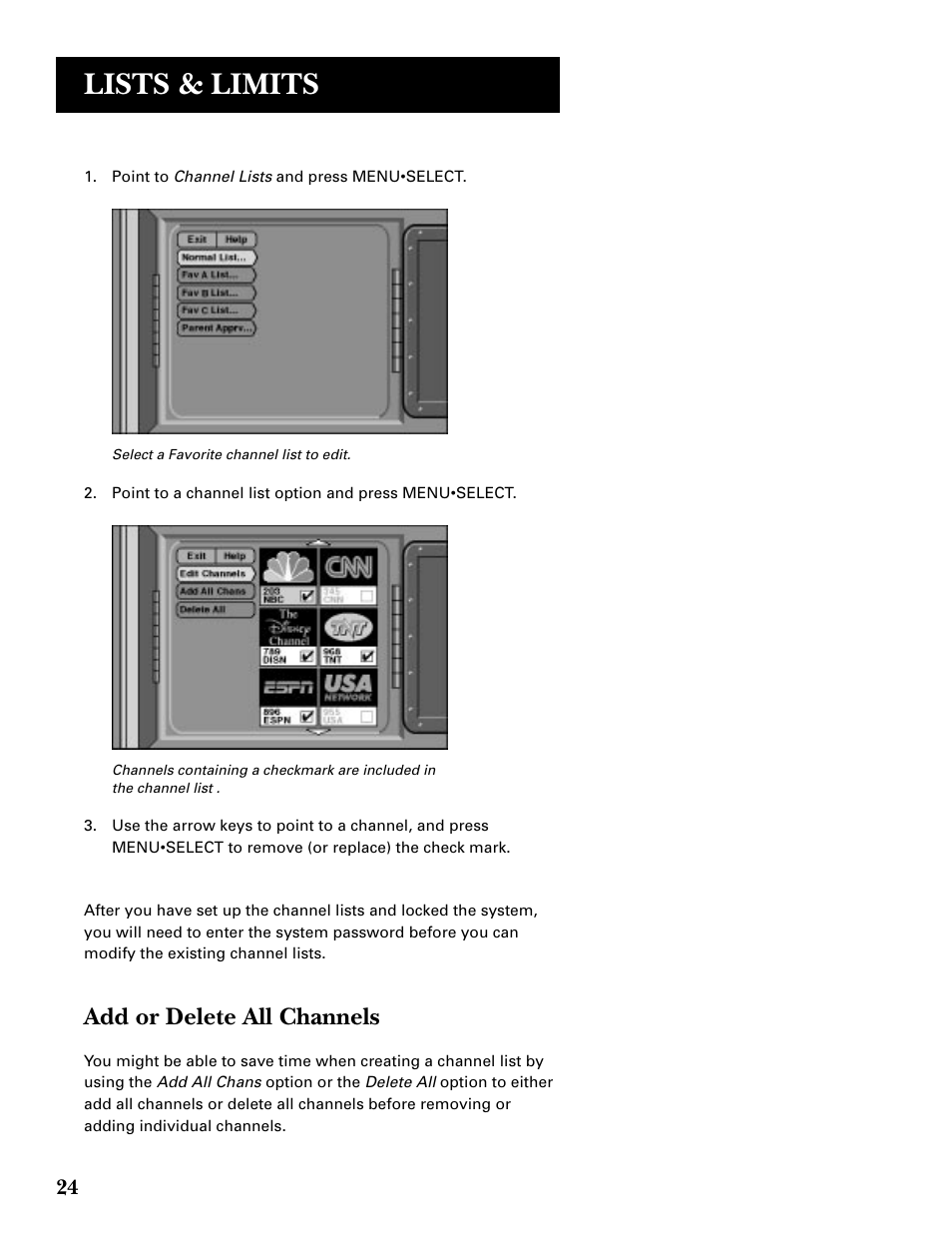 Lists & limits, Add or delete all channels | GE GRD33G3A User Manual | Page 26 / 68