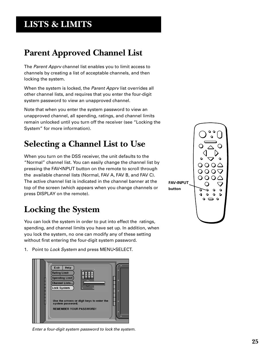 Parent approved channel list, Selecting a channel list to use, Locking the system | Lists & limits | GE GRD33G3A User Manual | Page 27 / 68