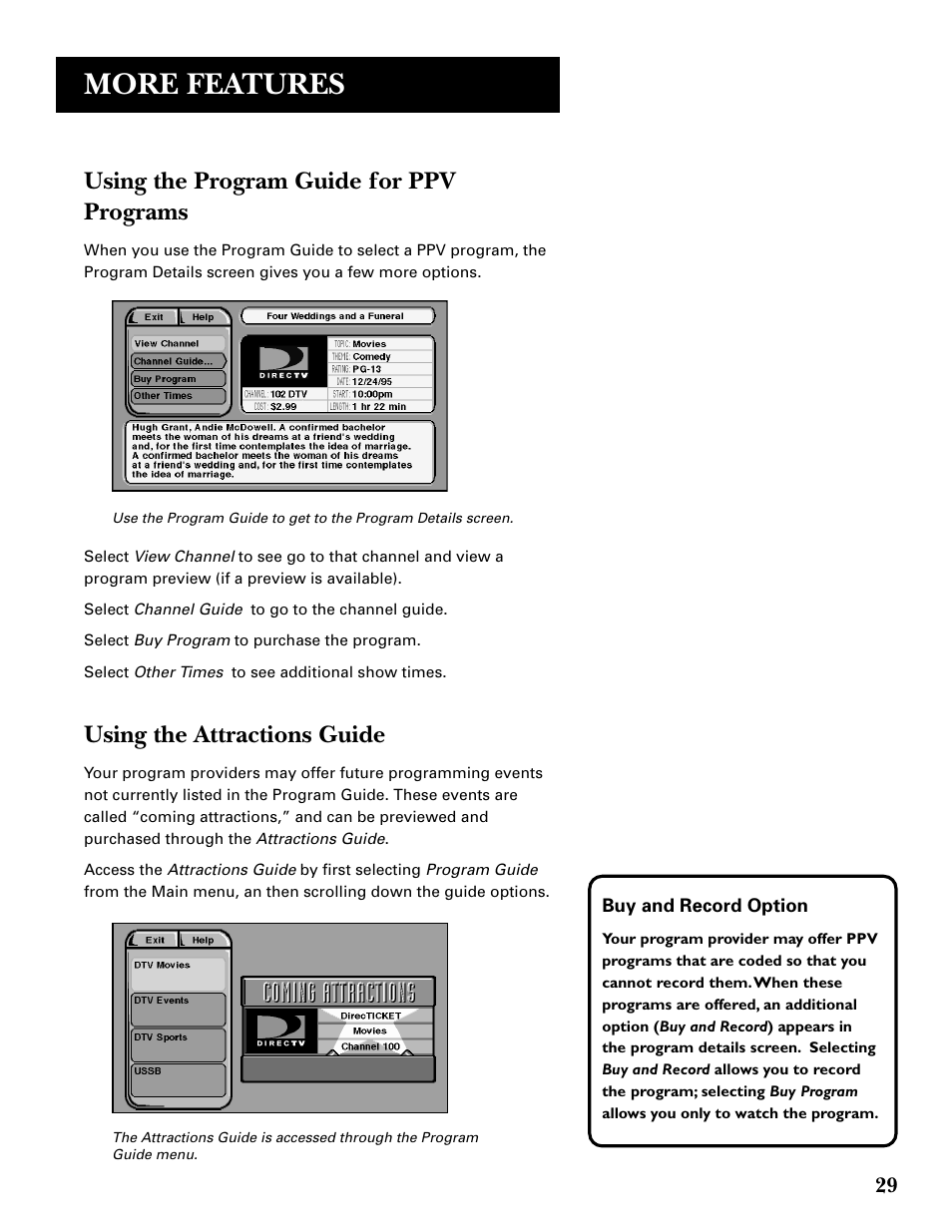 Using the attractions guide, More features, Using the program guide for ppv programs | GE GRD33G3A User Manual | Page 31 / 68