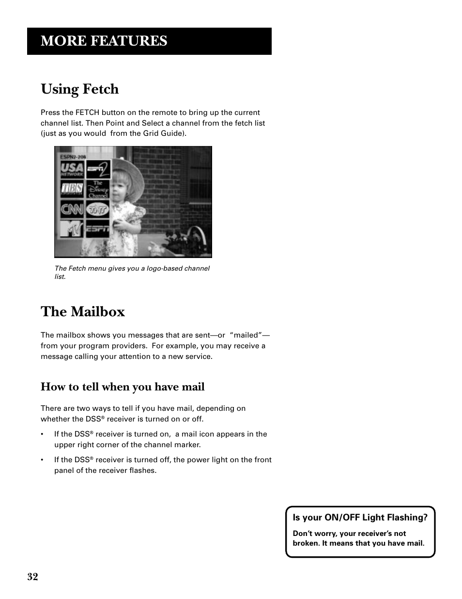 Using fetch, The mailbox, More features | How to tell when you have mail | GE GRD33G3A User Manual | Page 34 / 68