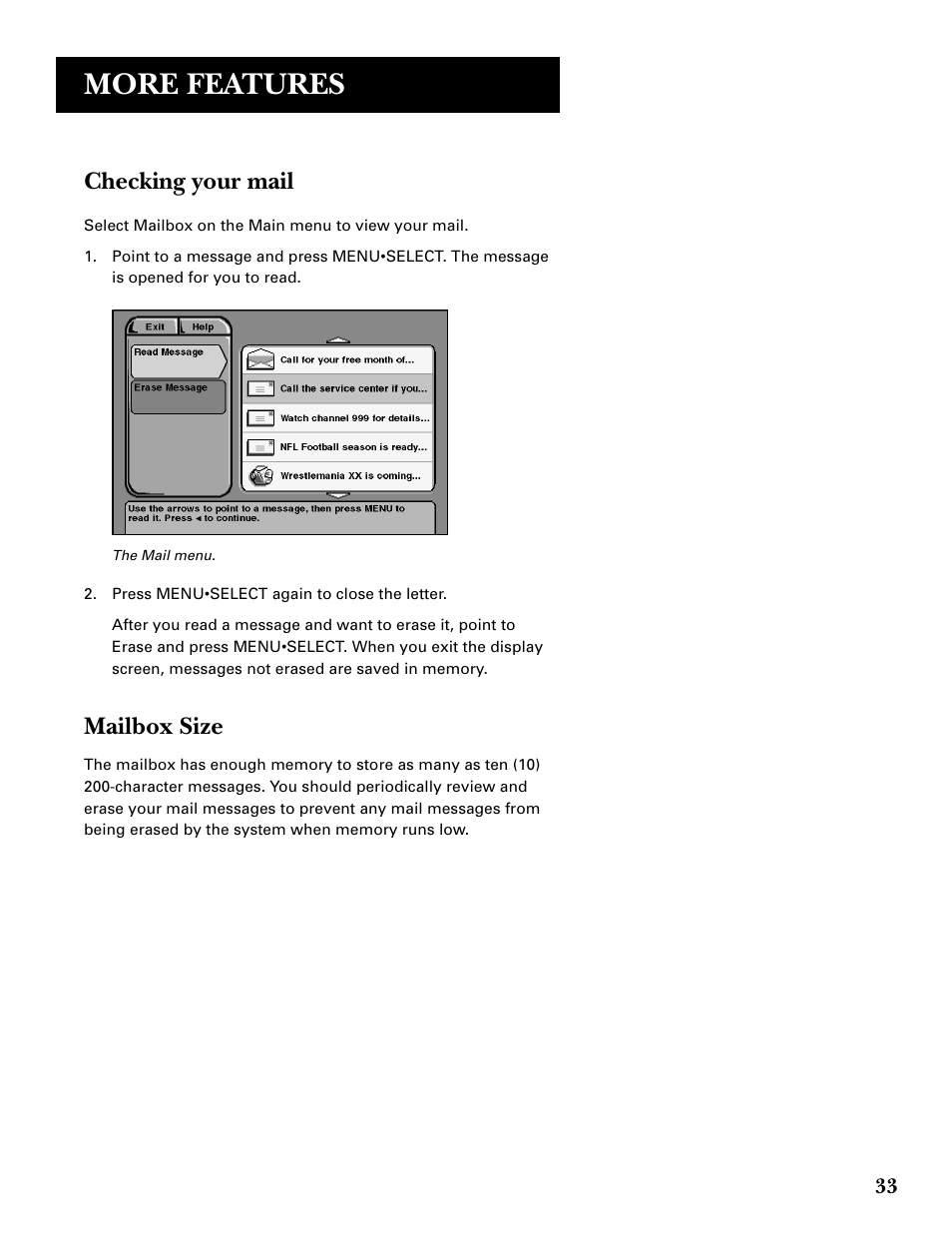 More features, Checking your mail, Mailbox size | GE GRD33G3A User Manual | Page 35 / 68