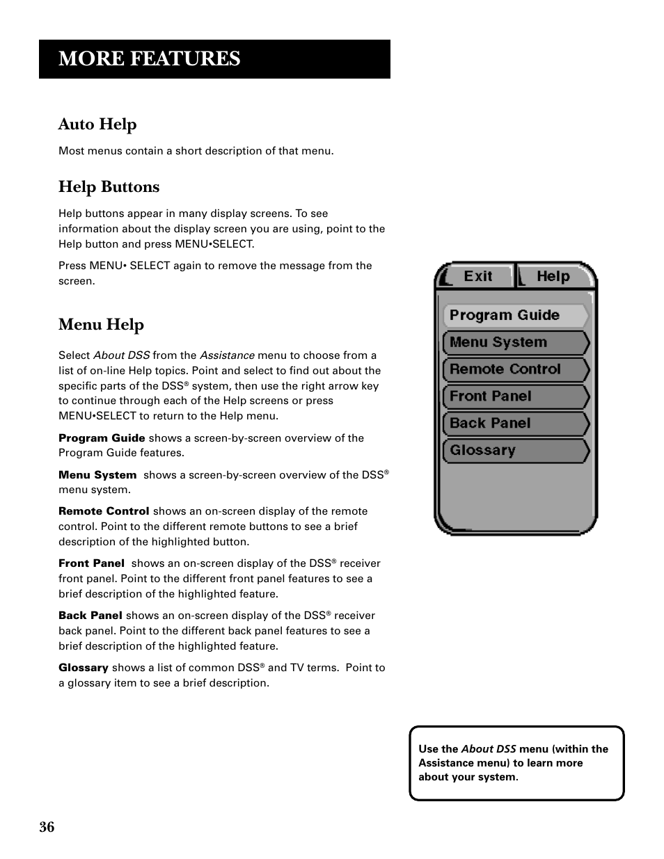 More features, Auto help, Help buttons | Menu help | GE GRD33G3A User Manual | Page 38 / 68
