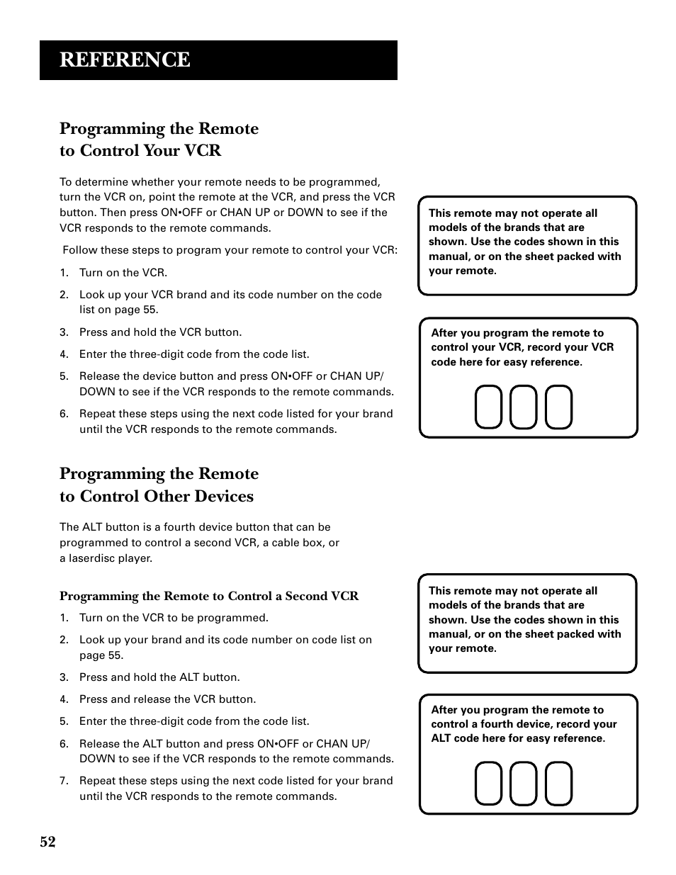 Programming the remote to control your vcr, Programming the remote to control other devices, Reference | GE GRD33G3A User Manual | Page 54 / 68