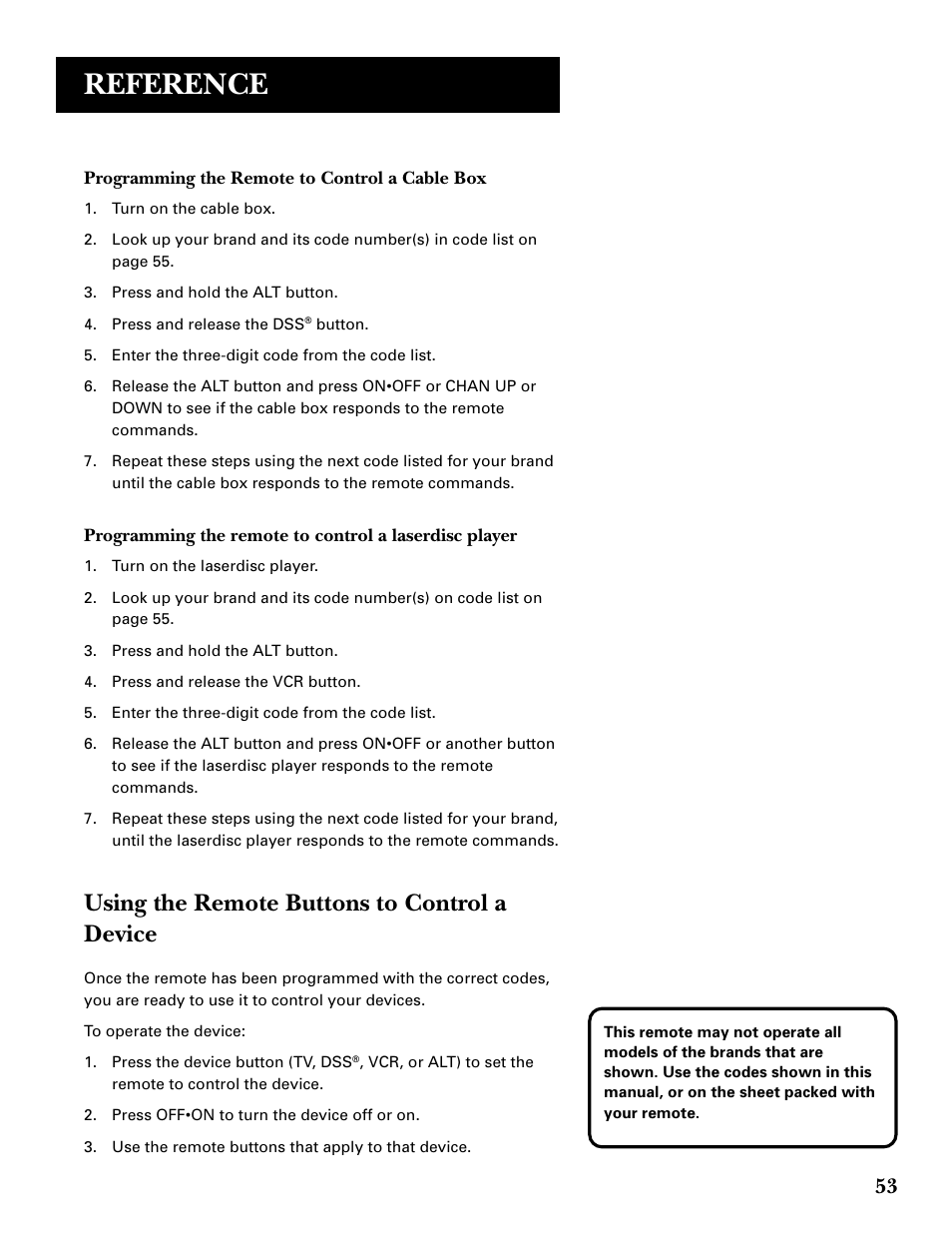 Using the remote buttons to control a device, Reference | GE GRD33G3A User Manual | Page 55 / 68