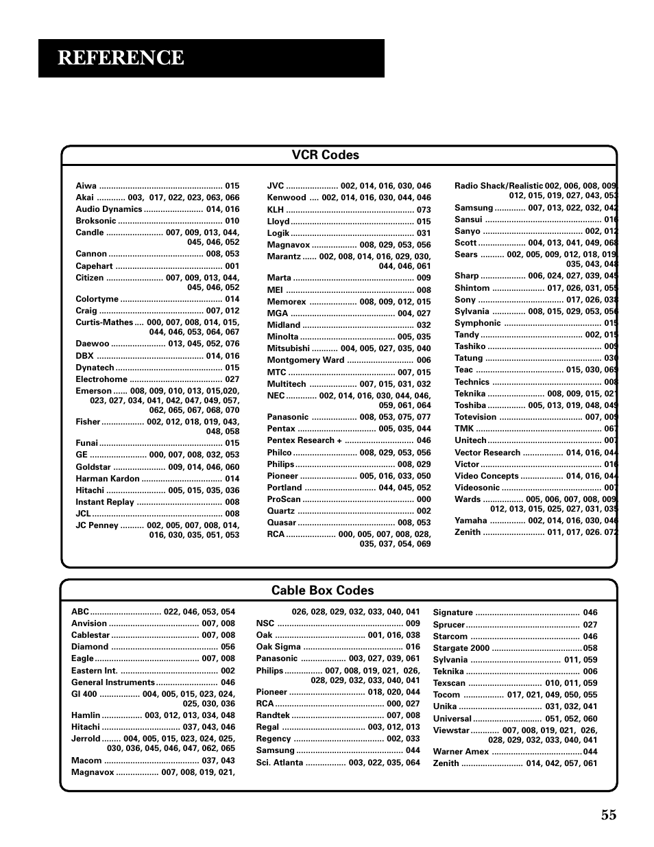 Reference, Vcr codes cable box codes | GE GRD33G3A User Manual | Page 57 / 68