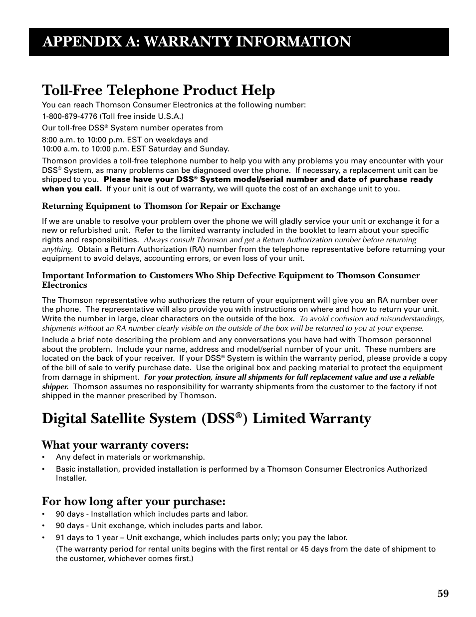 Appendix a: warranty information, Digital satellite system (dss, Limited warranty | What your warranty covers, For how long after your purchase | GE GRD33G3A User Manual | Page 61 / 68