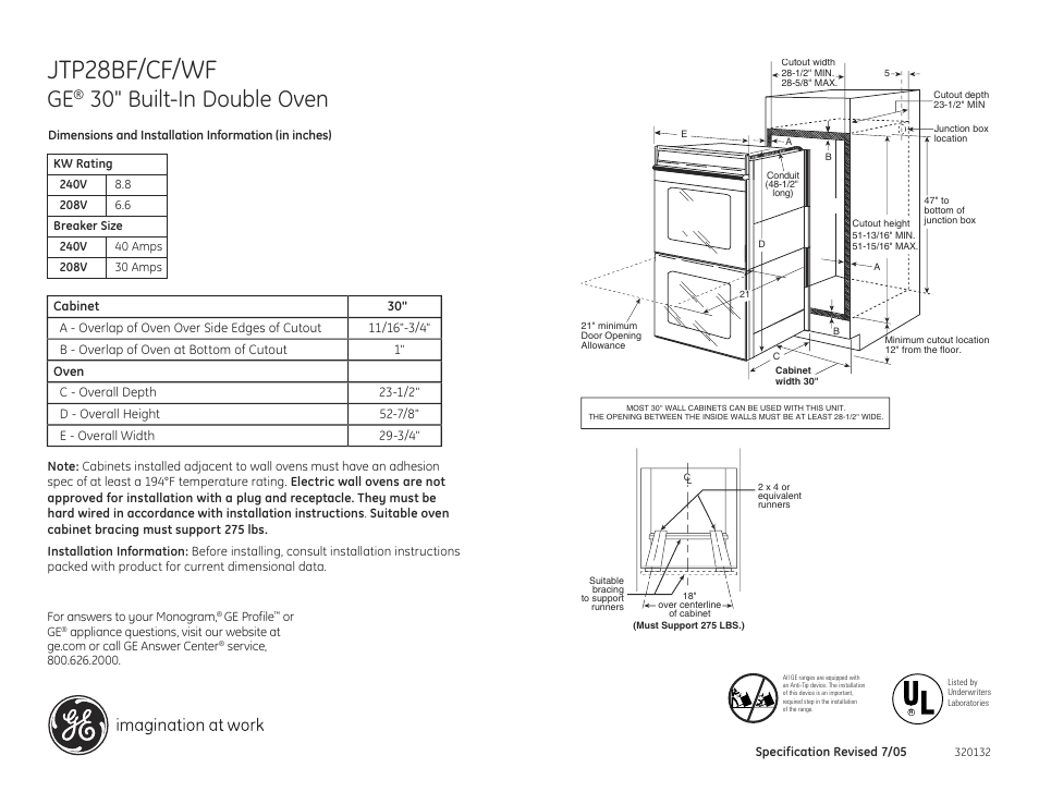 GE PROFILE JTP28BF/CF/WF User Manual | 2 pages