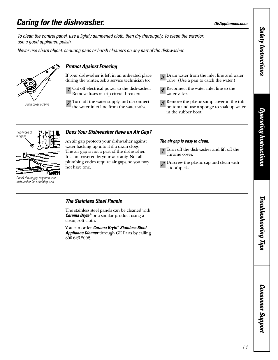 Care and cleaning, Caring for the dishwasher | GE EDW3000G User Manual | Page 11 / 16