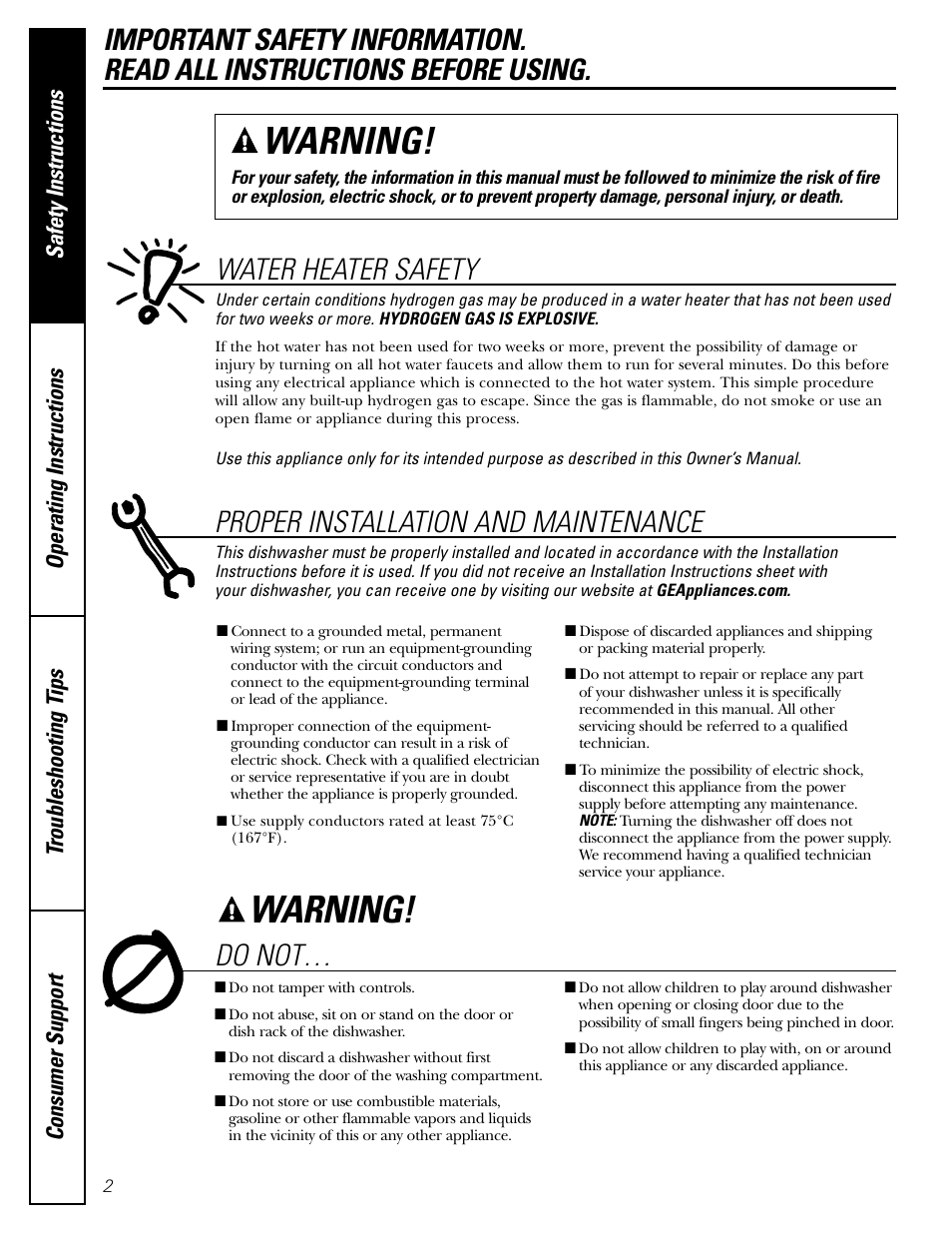 Safety instructions, Warning, Do not | Water heater safety, Proper installation and maintenance | GE EDW3000G User Manual | Page 2 / 16