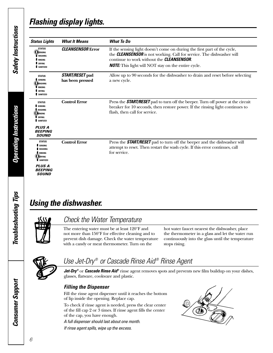 Flashing display lights, Using the dishwasher, Using the dishwasher , 7 | Check the water temperature, Use jet-dry, Or cascade rinse aid, Rinse agent, Filling the dispenser | GE EDW3000G User Manual | Page 6 / 16