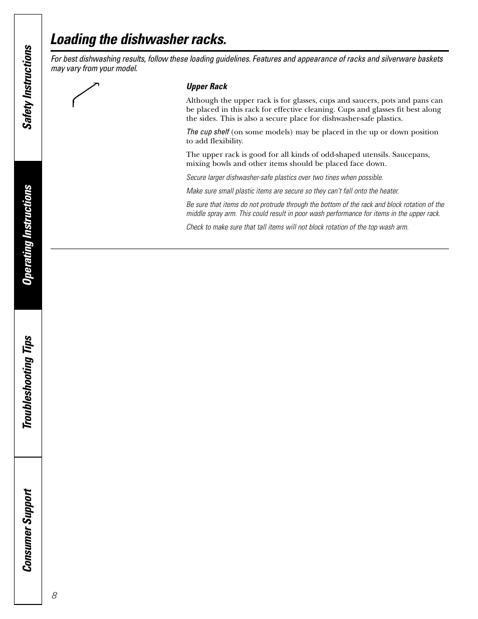 Loading the dishwasher racks, Loading the dishwasher racks , 9 | GE EDW3000G User Manual | Page 8 / 16