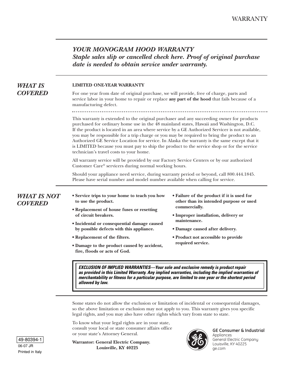 Warranty, What is not covered | GE ZV54 User Manual | Page 12 / 12