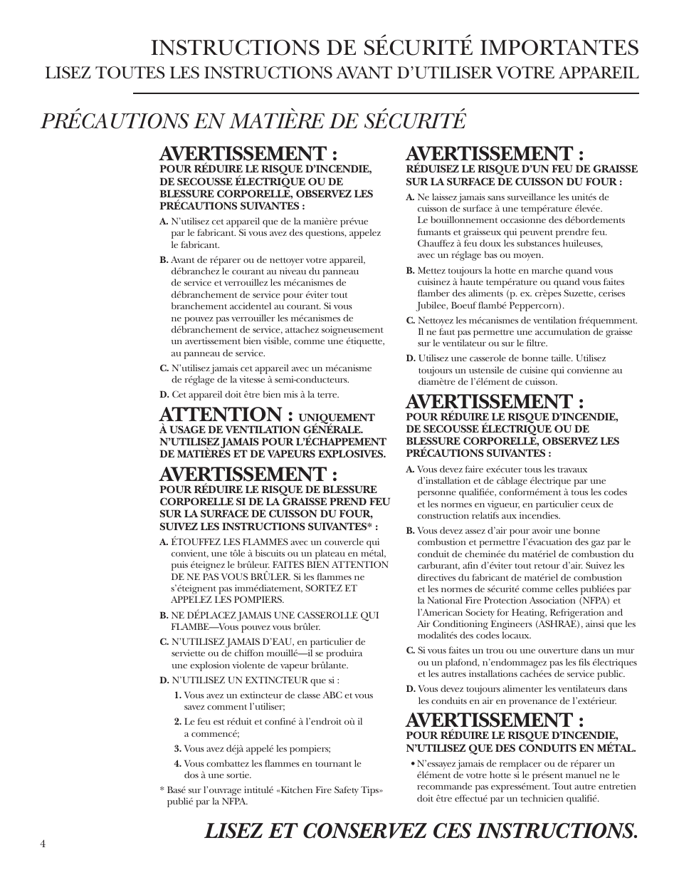 Précautions en matière de sécurité, Avertissement, Attention | GE ZV54 User Manual | Page 4 / 12