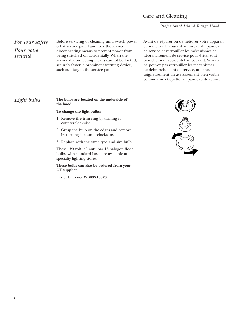 Light bulbs, Care and cleaning, For your safety pour votre securité | GE ZV54 User Manual | Page 6 / 12