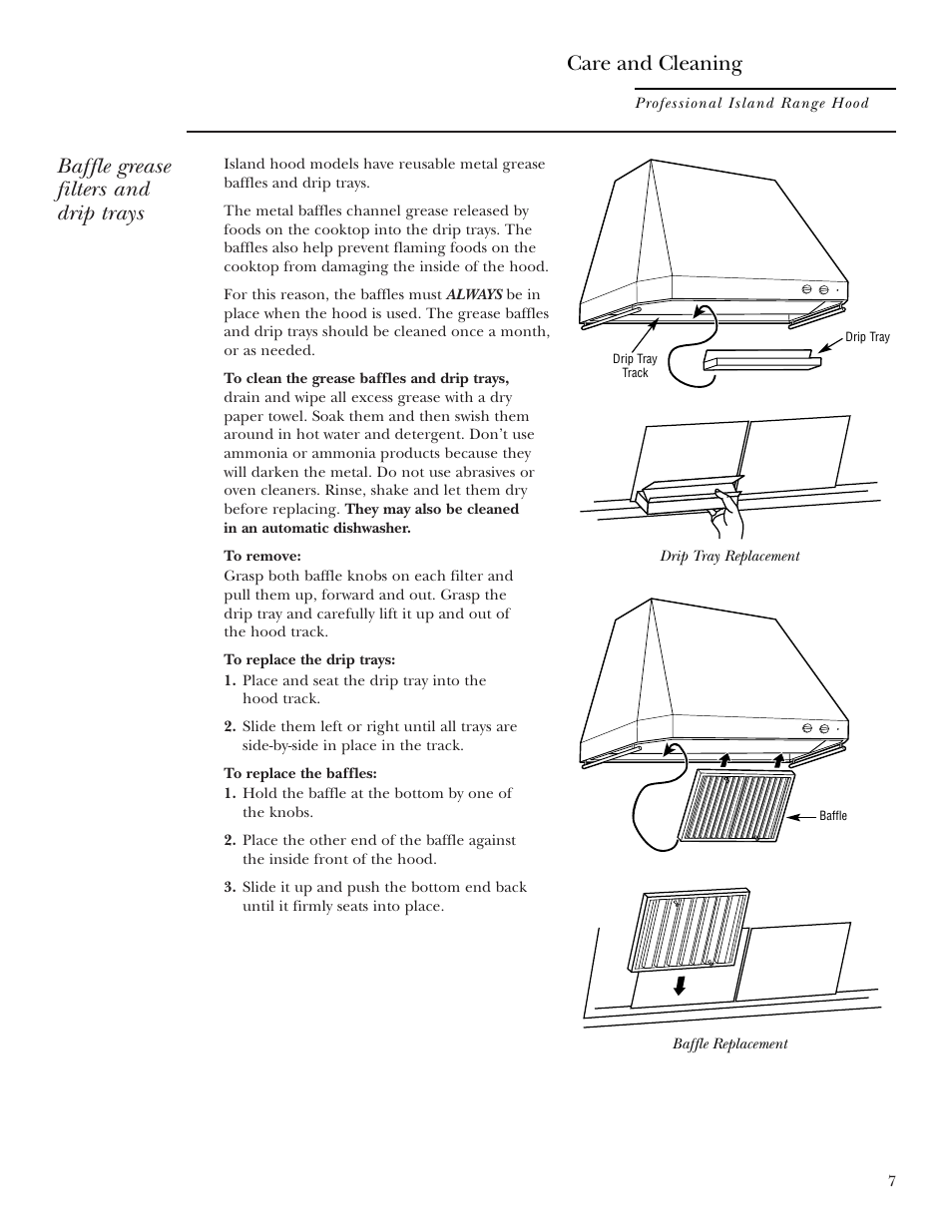 Baffle grease filters, Drip trays, Baffle grease filters drip trays | Baffle grease filters and drip trays, Care and cleaning | GE ZV54 User Manual | Page 7 / 12