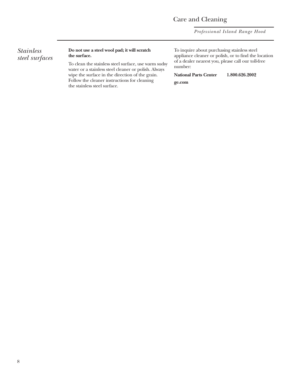 Stainless steel surfaces, Care and cleaning | GE ZV54 User Manual | Page 8 / 12