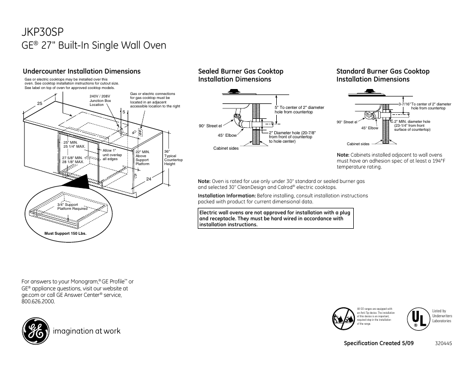 Jkp30sp, 27" built-in single wall oven | GE JKP30SPSS User Manual | Page 2 / 3