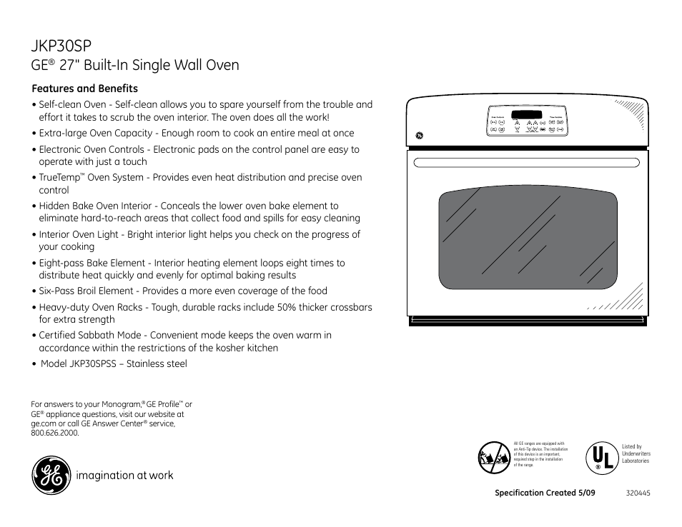Jtp30sp, Jkp30sp, 27" built-in single wall oven | GE JKP30SPSS User Manual | Page 3 / 3