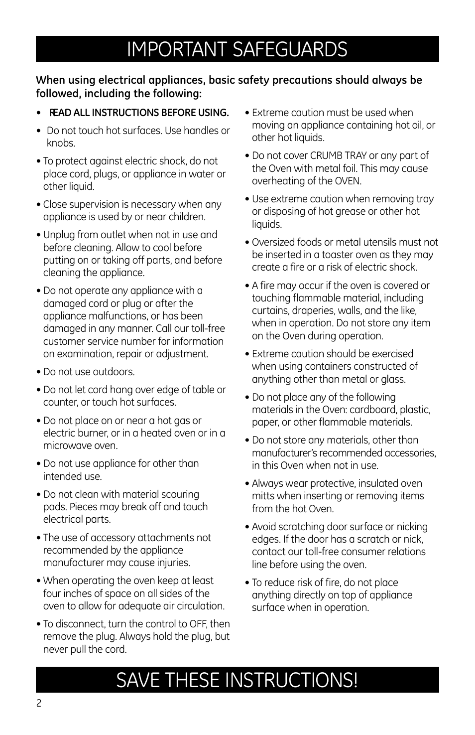 Important safeguards, Save these instructions | GE 681131691406 User Manual | Page 2 / 8