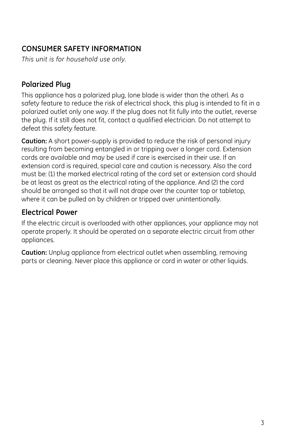 Consumer safety information, Polarized plug, Electrical power | GE 681131691406 User Manual | Page 3 / 8