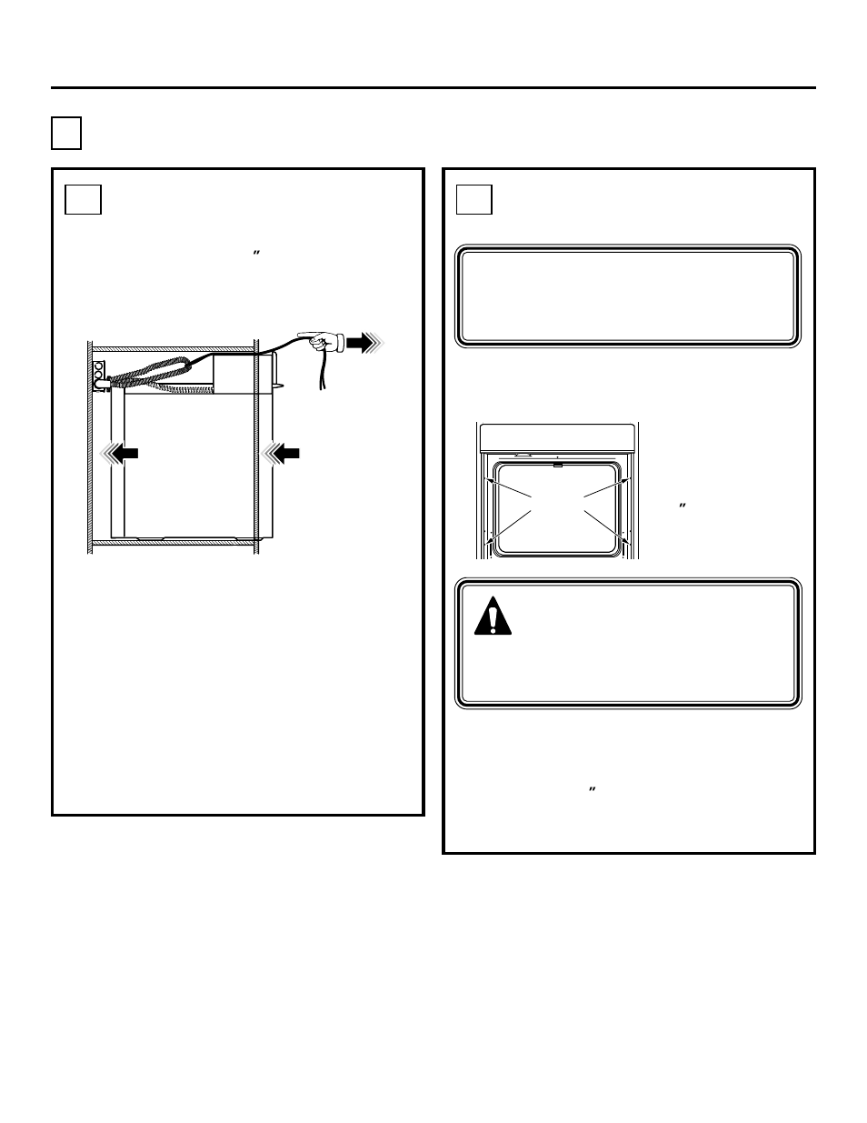 Securing the oven in the opening, Installation instructions, Warning | Drilling the pilot holes and mounting the oven, Sliding the oven into the opening, C1 c2 | GE ZET1 User Manual | Page 11 / 44