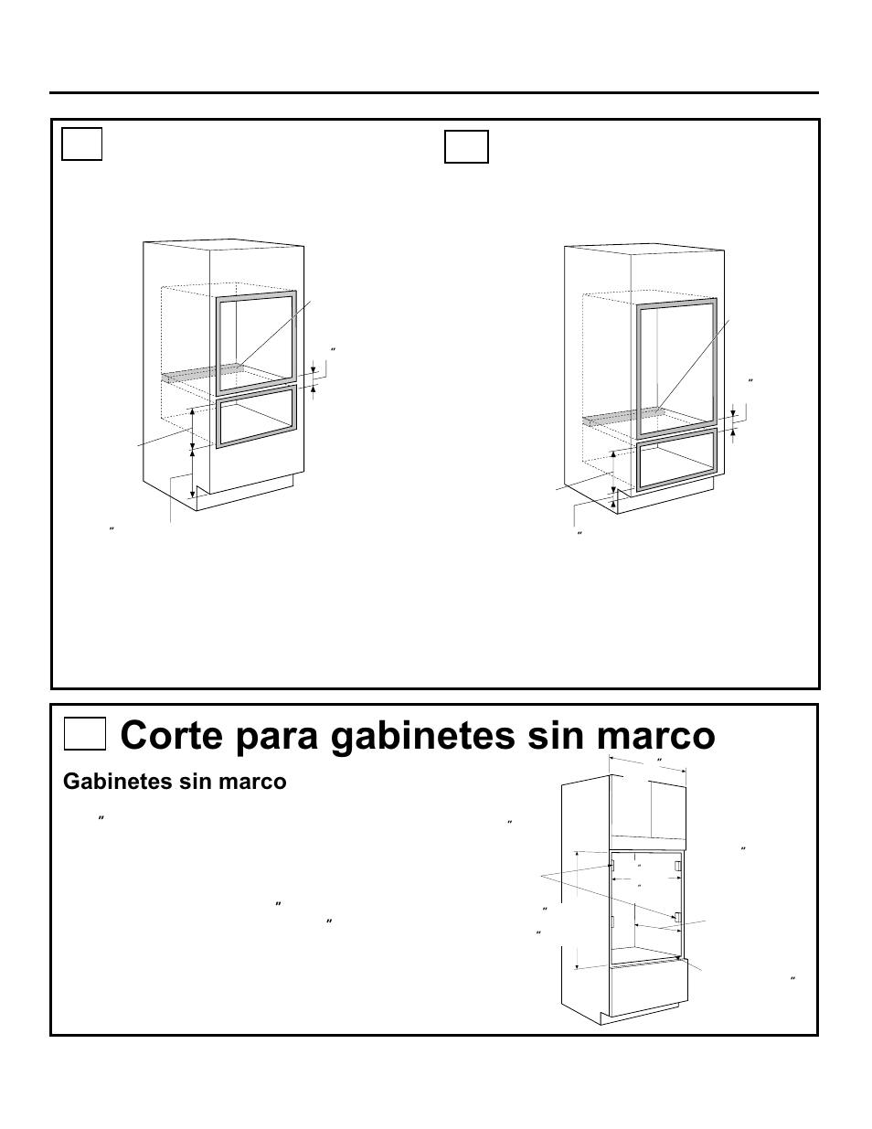 Corte para gabinetes sin marco, Gabinetes, Gabinetes sin marco | GE ZET1 User Manual | Page 35 / 44